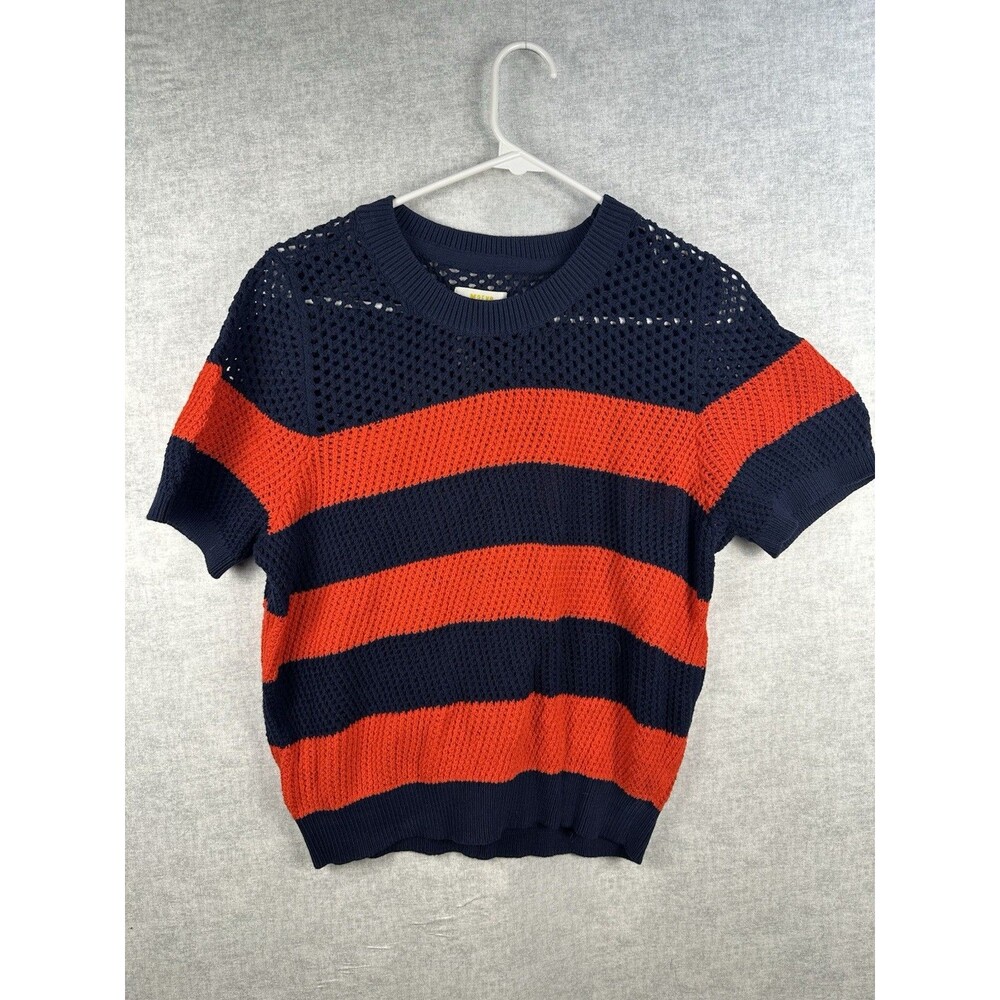 Maeve Anthropologie Blue Red Striped Short Sleeve Sweater Loose Knit Size Large